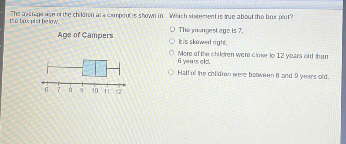 the average age of the children at a campout is shown in the box plot below. which statement is true about the box plot? age of campers o the youngest age is 7. o it is skewed right. o more of the children were close to 12 years old than 6 years old. o half of the children were between 6 and 9 years old. 6 7 8 9 10 11 12
