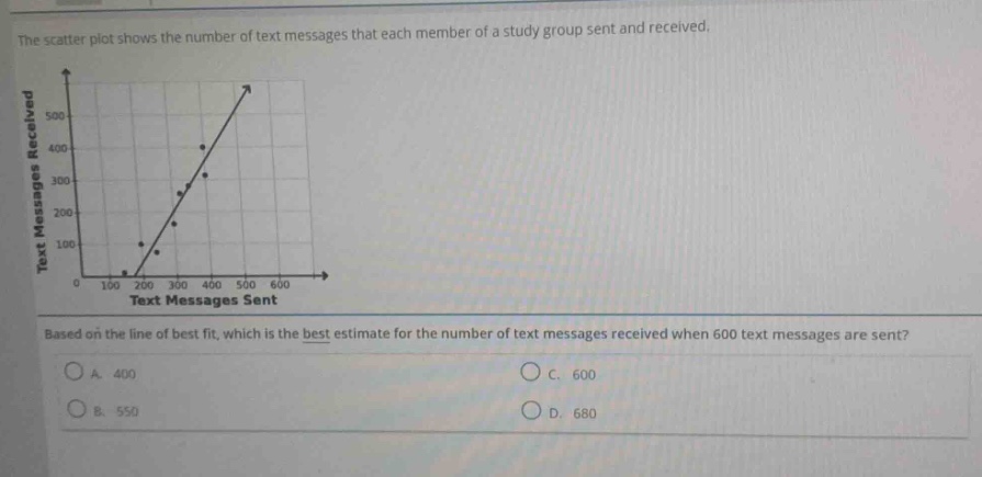 the scatter plot shows the number of text messages that each member of a study group sent and received. based on the line of best fit, which is the best estimate for the number of text messages received when 600 text messages are sent? a. 400 b. 550 c. 600 d. 680