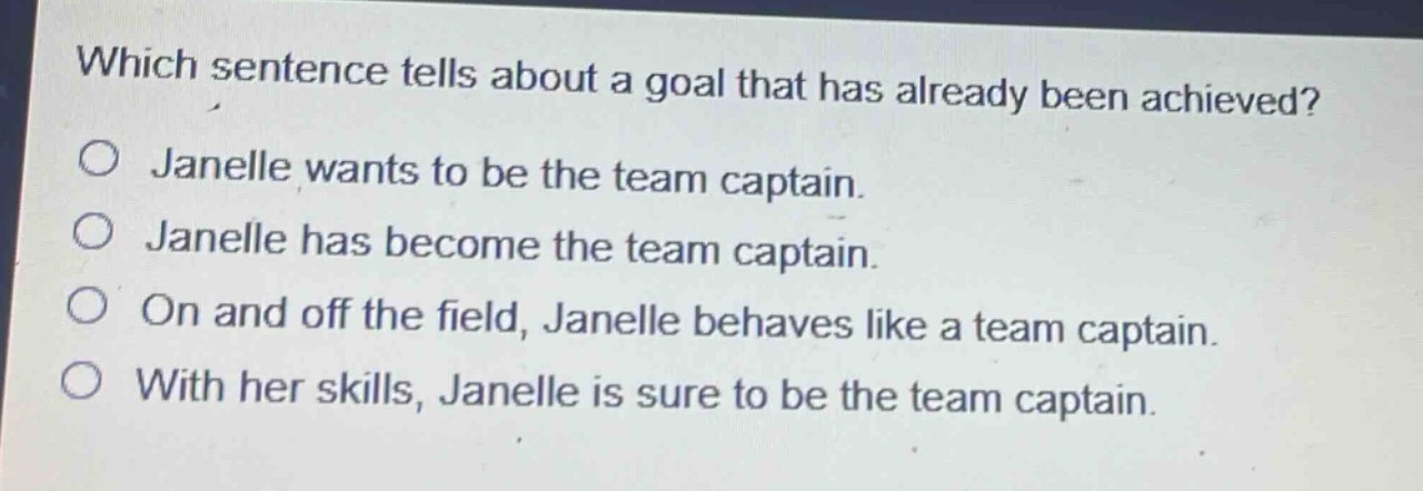 which sentence tells about a goal that has already been achieved?\no janelle wants to be the team captain.\no janelle has become the team captain.\no on and off the field, janelle behaves like a team captain.\no with her skills, janelle is sure to be the team captain.