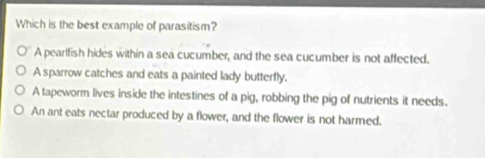 which is the best example of parasitism?\na pearlfish hides within a sea cucumber, and the sea cucumber is not affected.\na sparrow catches and eats a painted lady butterfly.\na tapeworm lives inside the intestines of a pig, robbing the pig of nutrients it needs.\nan ant eats nectar produced by a flower, and the flower is not harmed.