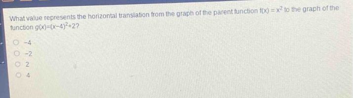 what value represents the horizontal translation from the graph of the parent function (f(x)=x^{2}) to the graph of the function (g(x)=(x - 4)^{2}+2)?\n-4\n-2\n2\n4