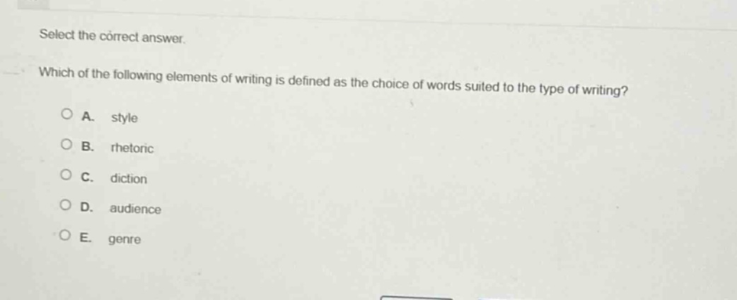 select the correct answer. which of the following elements of writing is defined as the choice of words suited to the type of writing?\na. style\nb. rhetoric\nc. diction\nd. audience\ne. genre