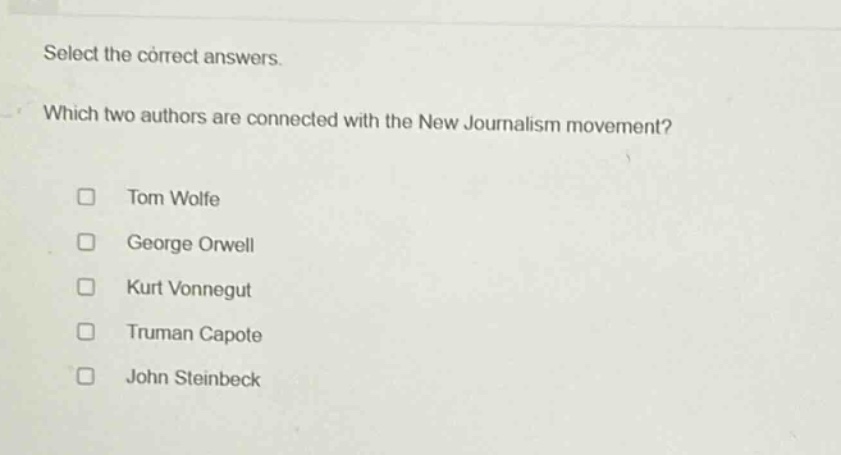 select the correct answers. which two authors are connected with the new journalism movement?\ntom wolfe\ngeorge orwell\nkurt vonnegut\ntruman capote\njohn steinbeck