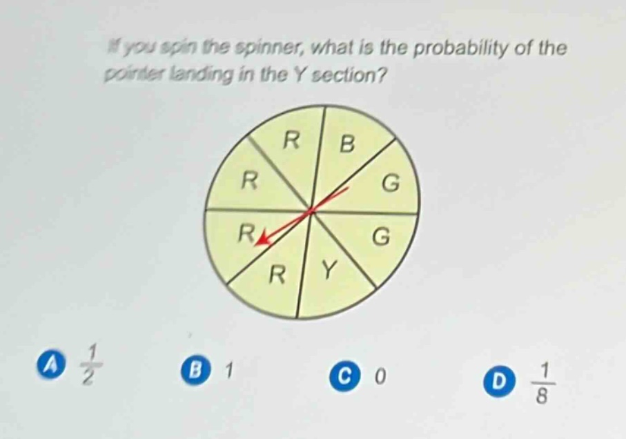 if you spin the spinner, what is the probability of the pointer landing in the y section? a $\frac{1}{2}$ b 1 c 0 d $\frac{1}{8}$