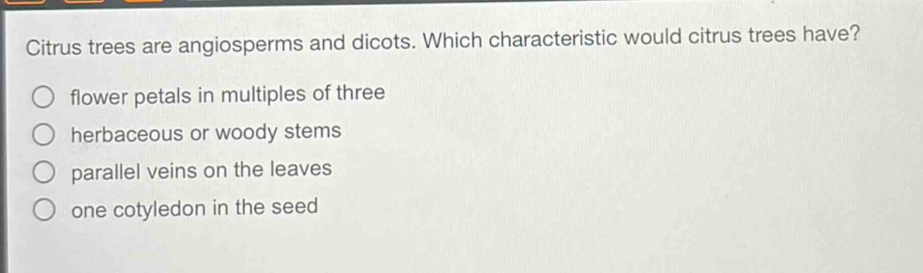 citrus trees are angiosperms and dicots. which characteristic would citrus trees have?\nflower petals in multiples of three\nerbaceous or woody stems\nparallel veins on the leaves\none cotyledon in the seed
