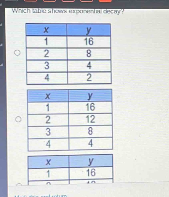 which table shows exponential decay?\n| x | y |\n|----|----|\n| 1 | 16 |\n| 2 | 8 |\n| 3 | 4 |\n| 4 | 2 |\n| x | y |\n|----|----|\n| 1 | 16 |\n| 2 | 12 |\n| 3 | 8 |\n| 4 | 4 |\n| x | y |\n|----|----|\n| 1 | 16 |