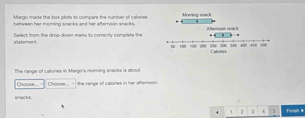 margo made the box plots to compare the number of calories between her morning snacks and her afternoon snacks. select from the drop - down menu to correctly complete the statement. the range of calories in margos morning snacks is about choose... choose... the range of calories in her afternoon snacks.