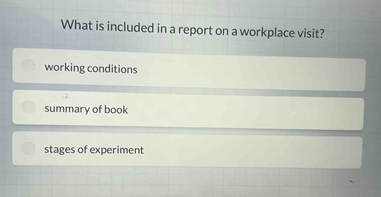 what is included in a report on a workplace visit?\nworking conditions\nsummary of book\nstages of experiment