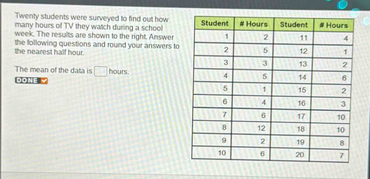 twenty students were surveyed to find out how many hours of tv they watch during a school week. the results are shown to the right. answer the following questions and round your answers to the nearest half hour. the mean of the data is hours.