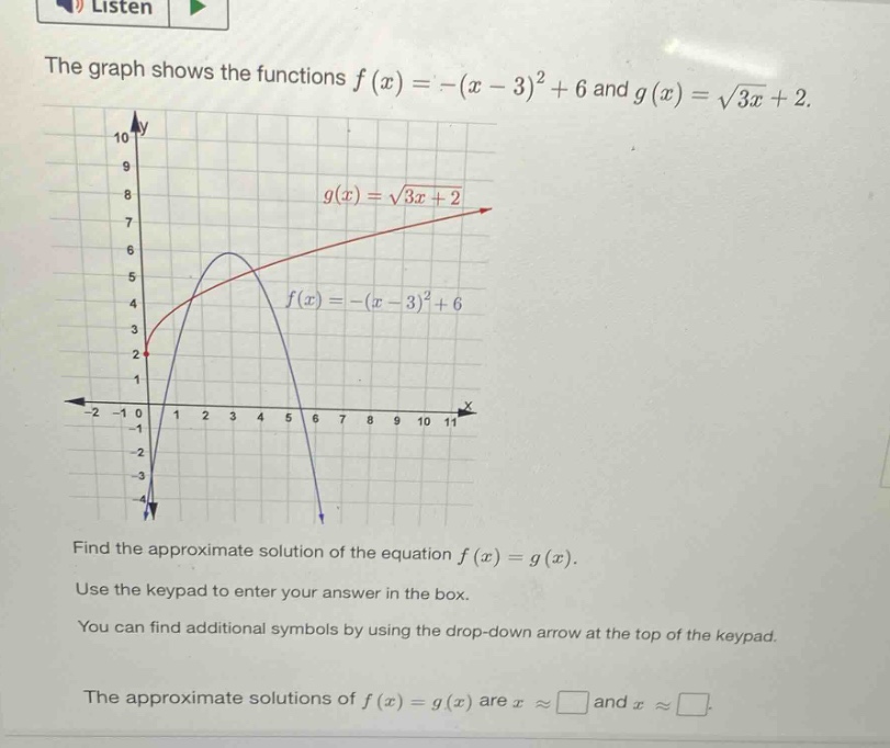 the graph shows the functions $f(x)=-(x - 3)^2+6$ and $g(x)=sqrt{3x}+2$. find the approximate solution of the equation $f(x)=g(x)$. use the keypad to enter your answer in the box. you can find additional symbols by using the drop - down arrow at the top of the keypad. the approximate solutions of $f(x)=g(x)$ are $xapproxsquare$ and $xapproxsquare$.