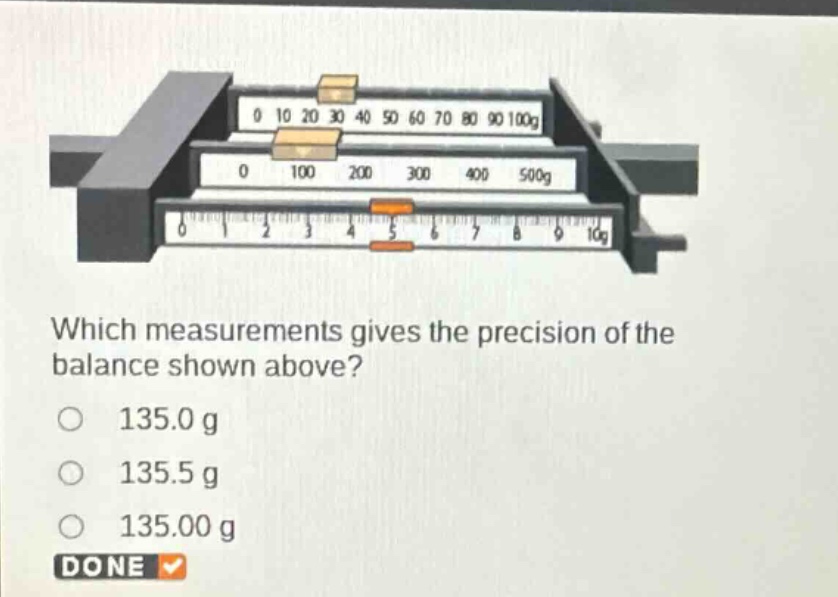 which measurements gives the precision of the balance shown above?\n135.0 g\n135.5 g\n135.00 g\ndone