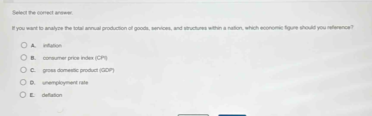 select the correct answer.\nif you want to analyze the total annual production of goods, services, and structures within a nation, which economic figure should you reference?\na. inflation\nb. consumer price index (cpi)\nc. gross domestic product (gdp)\nd. unemployment rate\ne. deflation