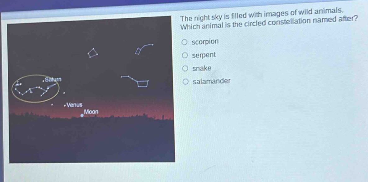 the night sky is filled with images of wild animals. which animal is the circled constellation named after?\nscorpion\nserpent\nsnake\nsalamander