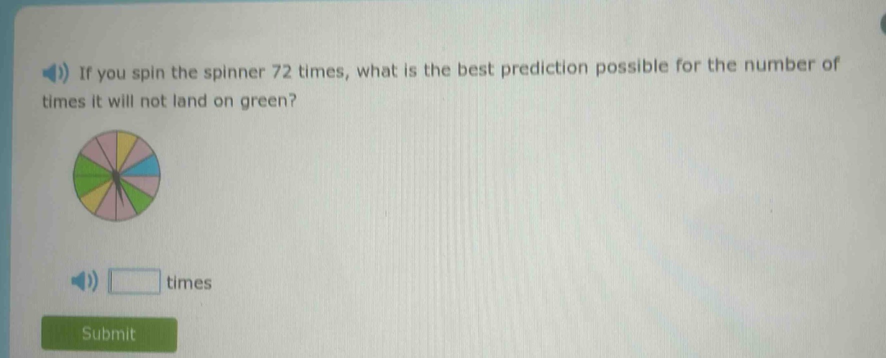 if you spin the spinner 72 times, what is the best prediction possible for the number of times it will not land on green?