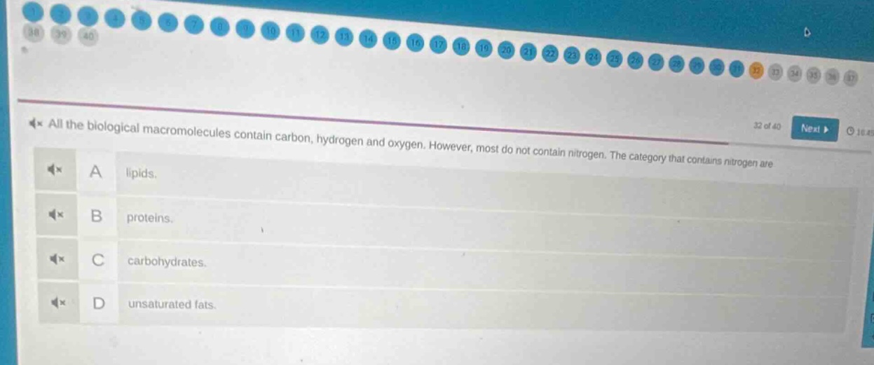 all the biological macromolecules contain carbon, hydrogen and oxygen. however, most do not contain nitrogen. the category that contains nitrogen are\na lipids.\nb proteins.\nc carbohydrates.\nd unsaturated fats.