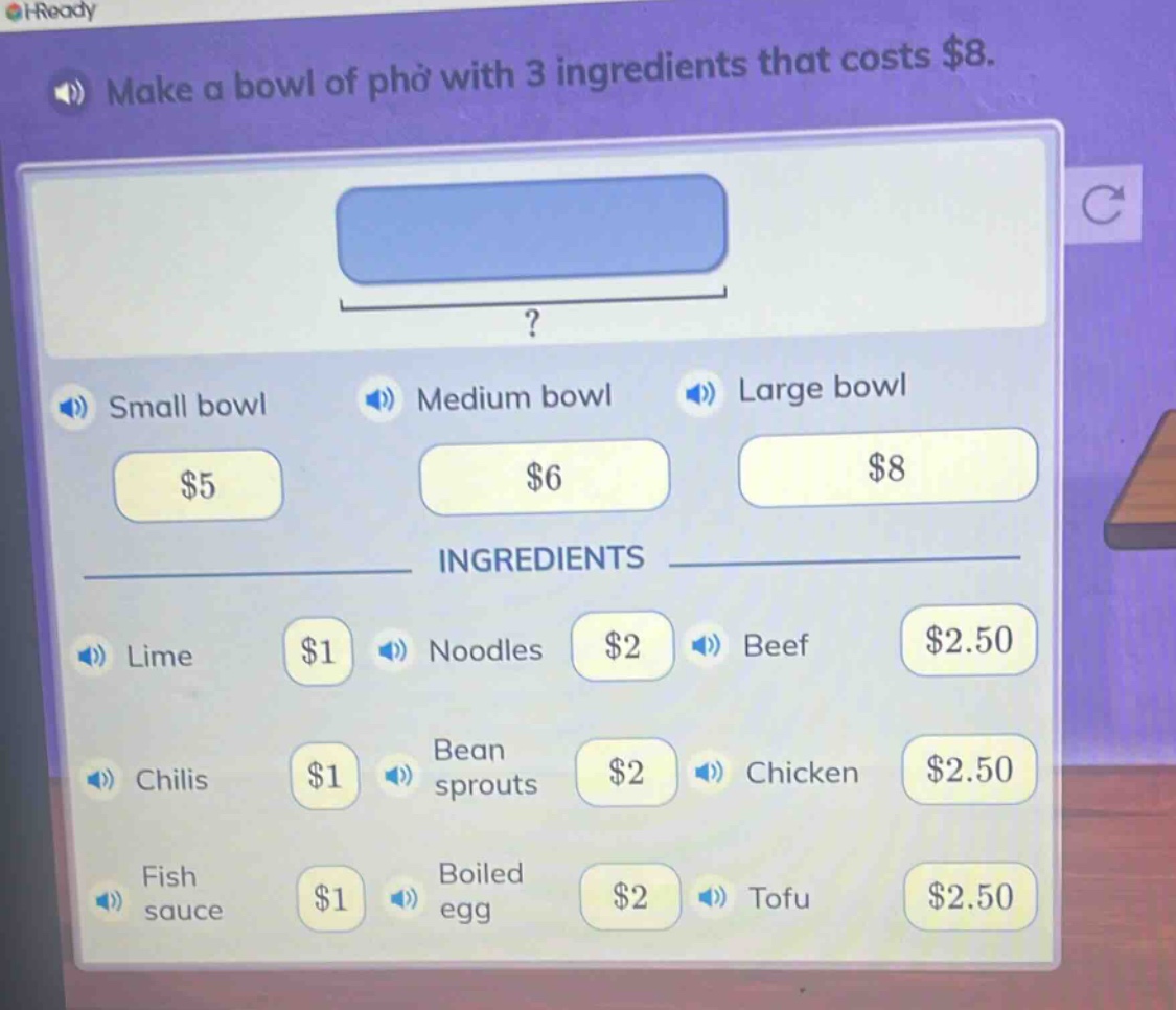 make a bowl of phở with 3 ingredients that costs $8.\nsmall bowl $5\nmedium bowl $6\nlarge bowl $8\ningredients\nlime $1\nnoodles $2\nbeef $2.50\nchilis $1\nbean sprouts $2\nchicken $2.50\nfish sauce $1\nboiled egg $2\ntofu $2.50