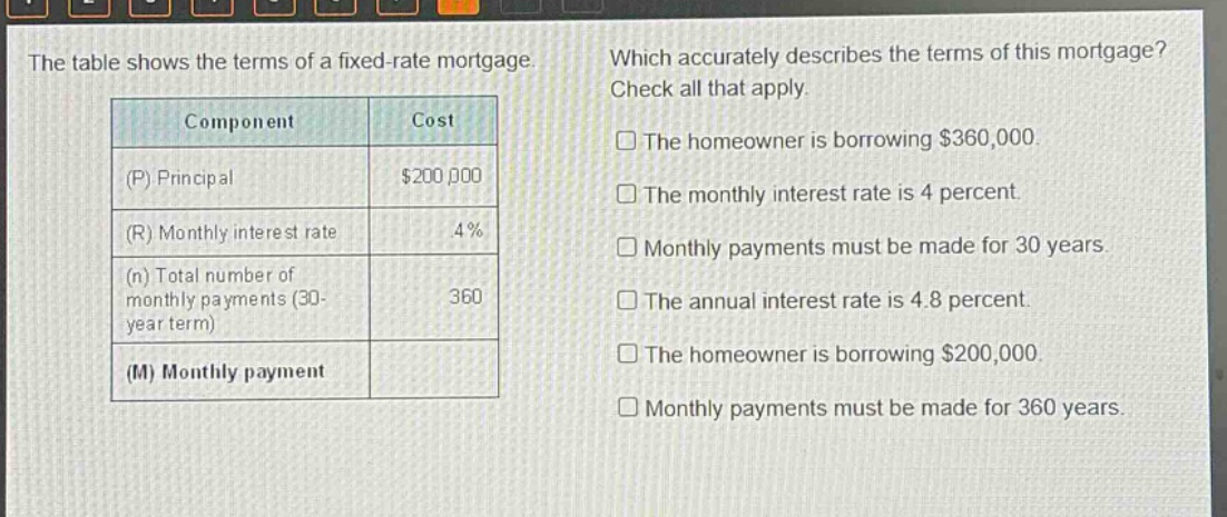 the table shows the terms of a fixed - rate mortgage. which accurately describes the terms of this mortgage? check all that apply.\ncomponent cost\n(p) principal $200,000\n(r) monthly interest rate 4%\n(n) total number of monthly payments (30 - year term) 360\n(m) monthly payment \nthe homeowner is borrowing $360,000.\nthe monthly interest rate is 4 percent.\nmonthly payments must be made for 30 years.\nthe annual interest rate is 4.8 percent.\nthe homeowner is borrowing $200,000.\nmonthly payments must be made for 360 years.