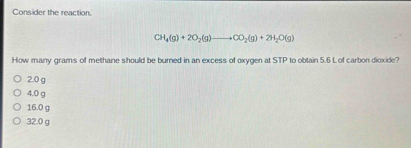 consider the reaction.\nch₄(g) + 2o₂(g)→co₂(g) + 2h₂o(g)\nhow many grams of methane should be burned in an excess of oxygen at stp to obtain 5.6 l of carbon dioxide?\n2.0 g\n4.0 g\n16.0 g\n32.0 g