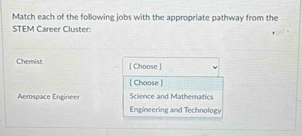 match each of the following jobs with the appropriate pathway from the stem career cluster: chemist choose choose aerospace engineer science and mathematics engineering and technology