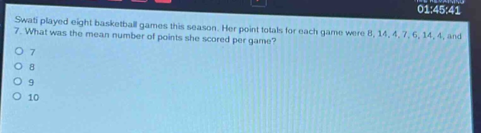 swati played eight basketball games this season. her point totals for each game were 8, 14, 4, 7, 6, 14, 4, and 7. what was the mean number of points she scored per game?\no 7\no 8\no 9\no 10