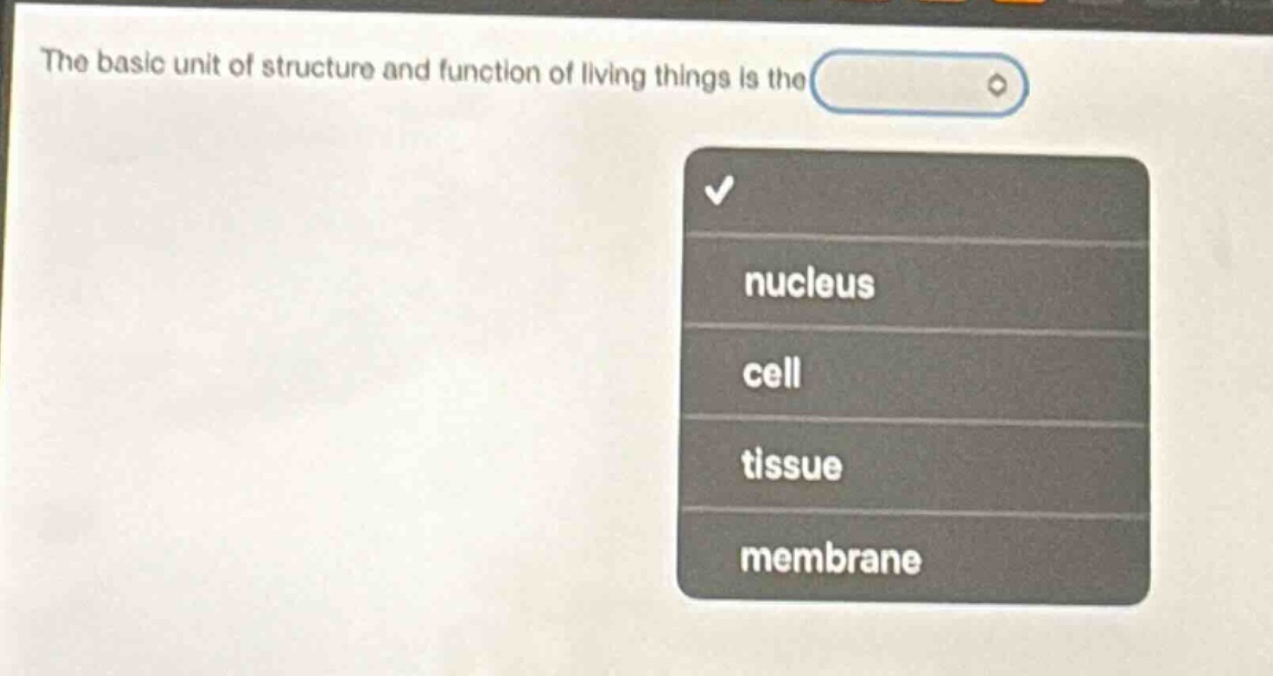 the basic unit of structure and function of living things is the\nnucleus\ncell\ntissue\nmembrane
