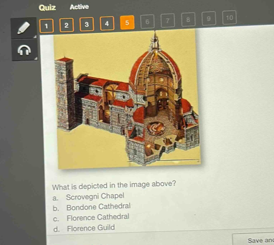 what is depicted in the image above?\na. scrovegni chapel\nb. bondone cathedral\nc. florence cathedral\nd. florence guild