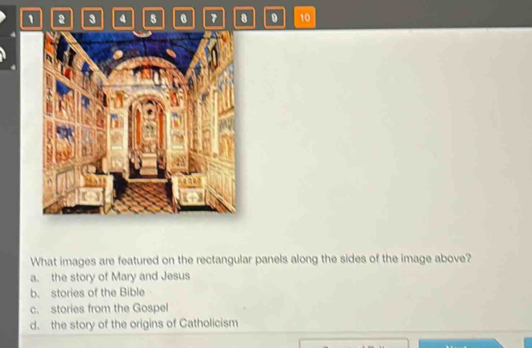 what images are featured on the rectangular panels along the sides of the image above?\na. the story of mary and jesus\nb. stories of the bible\nc. stories from the gospel\nd. the story of the origins of catholicism