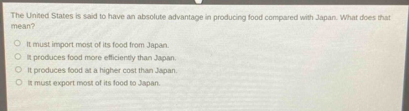 the united states is said to have an absolute advantage in producing food compared with japan. what does that mean?\no it must import most of its food from japan.\no it produces food more efficiently than japan.\no it produces food at a higher cost than japan.\no it must export most of its food to japan.