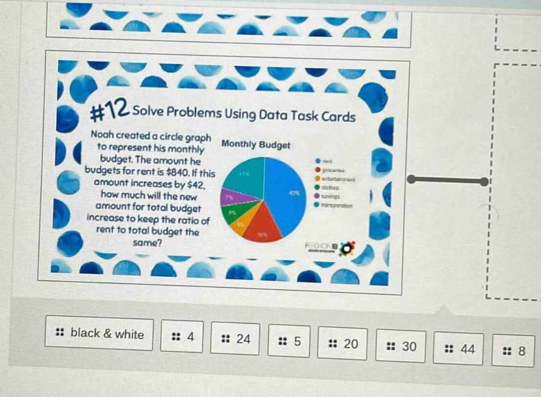 #12 solve problems using data task cards\nnoah created a circle graph to represent his monthly budget. the amount he budgets for rent is $840. if this amount increases by $42, how much will the new amount for total budget increase to keep the ratio of rent to total budget the same?\nmonthly budget