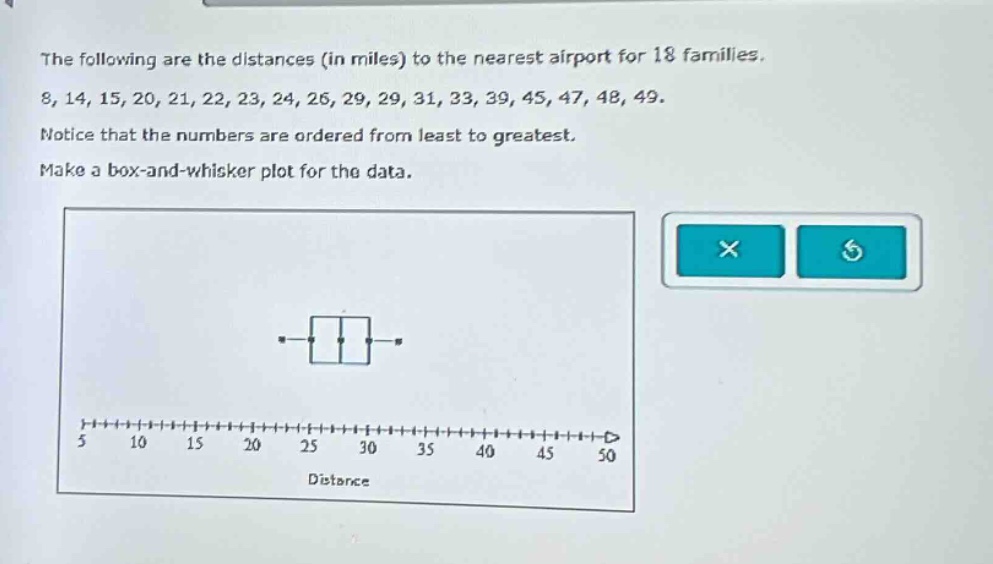 the following are the distances (in miles) to the nearest airport for 18 families. 8, 14, 15, 20, 21, 22, 23, 24, 26, 29, 29, 31, 33, 39, 45, 47, 48, 49. notice that the numbers are ordered from least to greatest. make a box - and - whisker plot for the data.