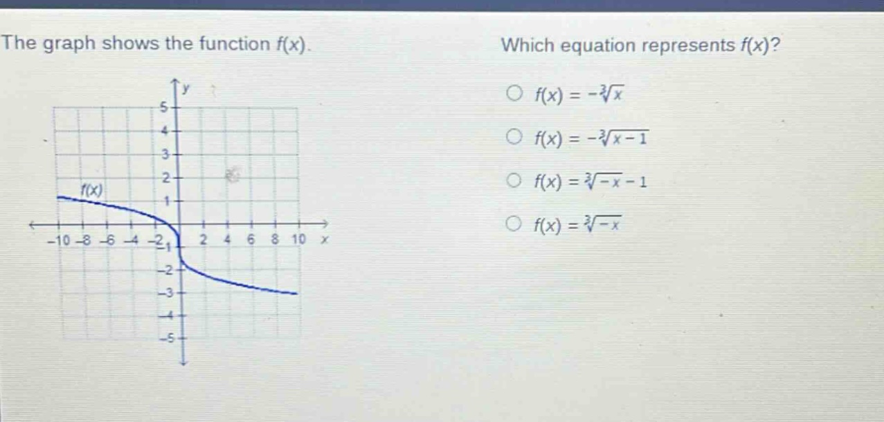 the graph shows the function f(x). which equation represents f(x)? o f(x)=-sqrt3{x} o f(x)=-sqrt3{x - 1} o f(x)=sqrt3{-x}-1 o f(x)=sqrt3{-x}