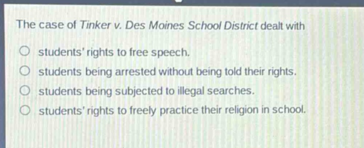 the case of tinker v. des moines school district dealt with\nstudents rights to free speech.\nstudents being arrested without being told their rights.\nstudents being subjected to illegal searches.\nstudents rights to freely practice their religion in school.