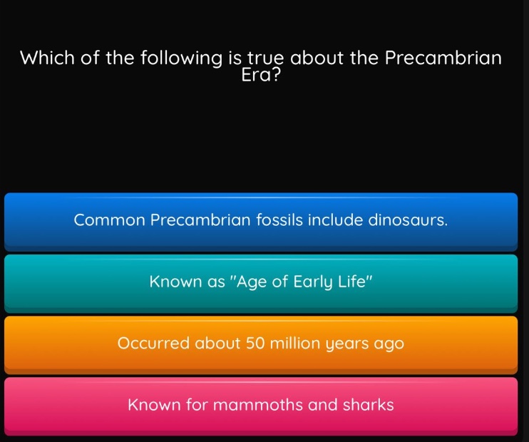 which of the following is true about the precambrian era? common precambrian fossils include dinosaurs. known as \age of early life\ occurred about 50 million years ago known for mammoths and sharks