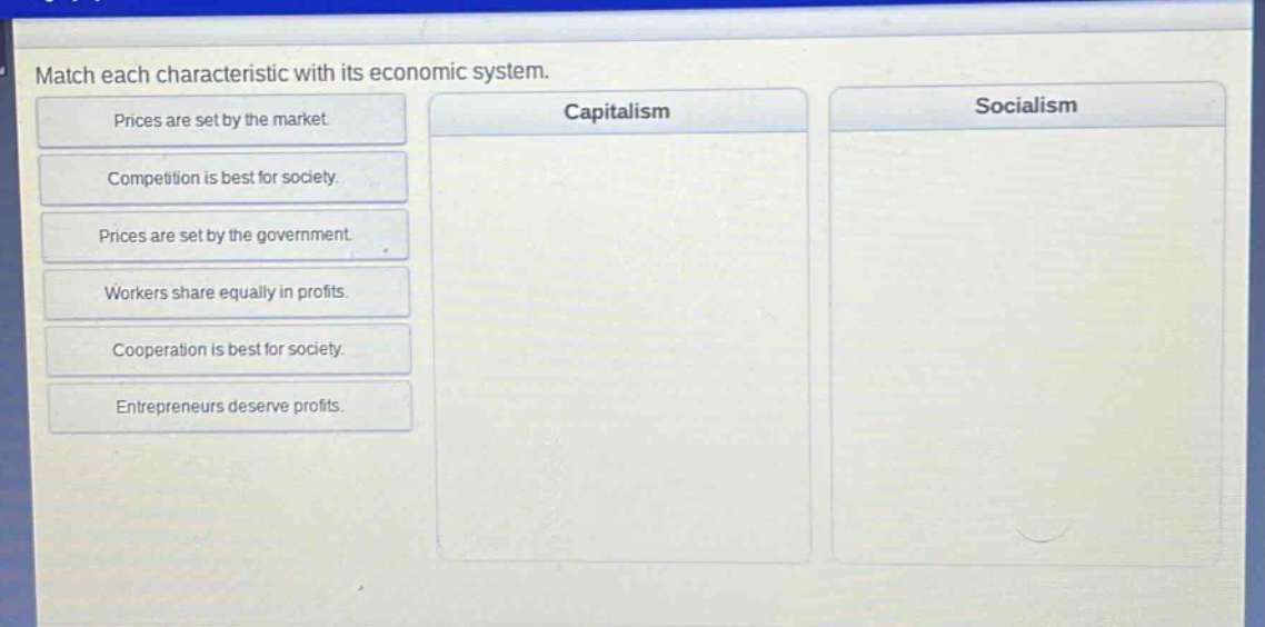 match each characteristic with its economic system.\nprices are set by the market.\ncompetition is best for society.\nprices are set by the government.\nworkers share equally in profits.\ncooperation is best for society.\nentrepreneurs deserve profits.\ncapitalism\nsocialism