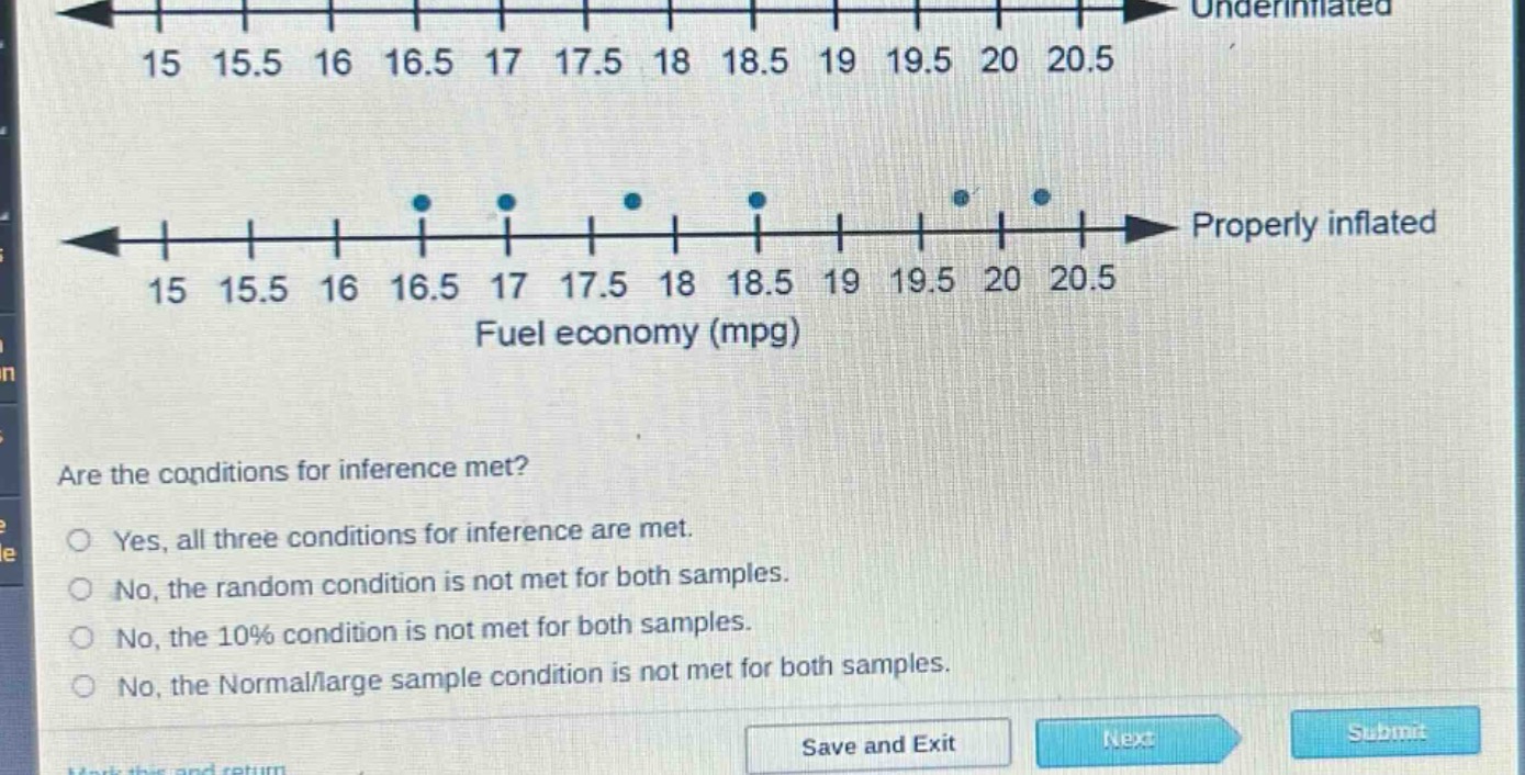 are the conditions for inference met?\nyes, all three conditions for inference are met.\nno, the random condition is not met for both samples.\nno, the 10% condition is not met for both samples.\nno, the normal/large sample condition is not met for both samples.