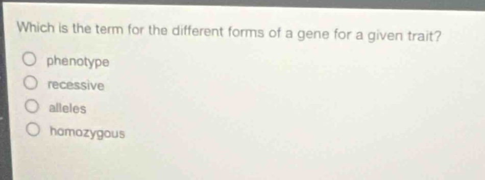 which is the term for the different forms of a gene for a given trait?\n phenotype\n recessive\n alleles\n homozygous
