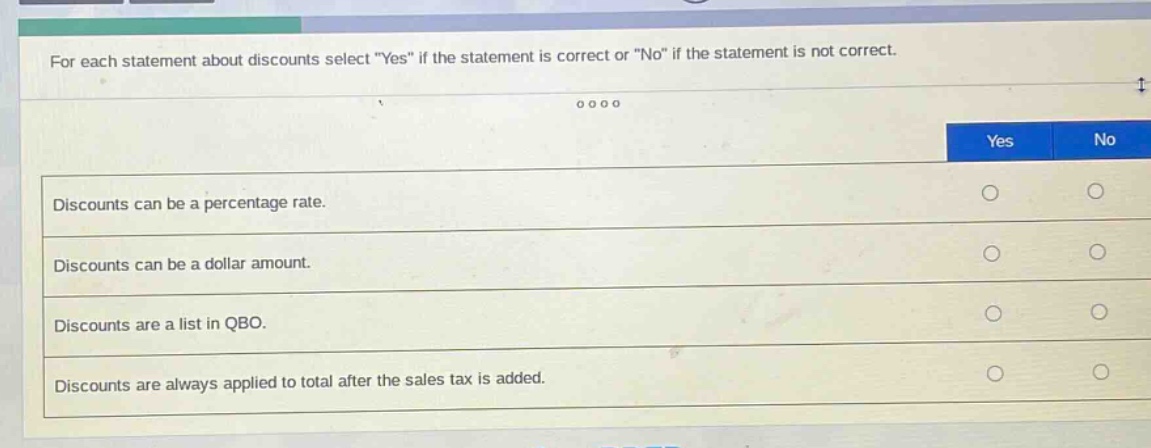 for each statement about discounts select \yes\ if the statement is correct or \no\ if the statement is not correct.\ndiscounts can be a percentage rate.\ndiscounts can be a dollar amount.\ndiscounts are a list in qbo.\ndiscounts are always applied to total after the sales tax is added.