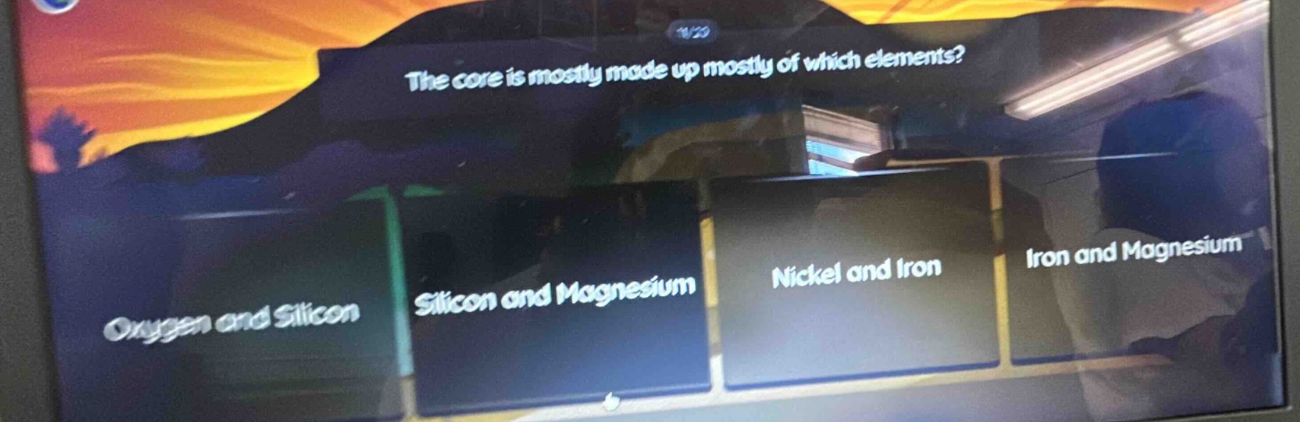 the core is mostly made up mostly of which elements? oxygen and silicon, silicon and magnesium, nickel and iron, iron and magnesium