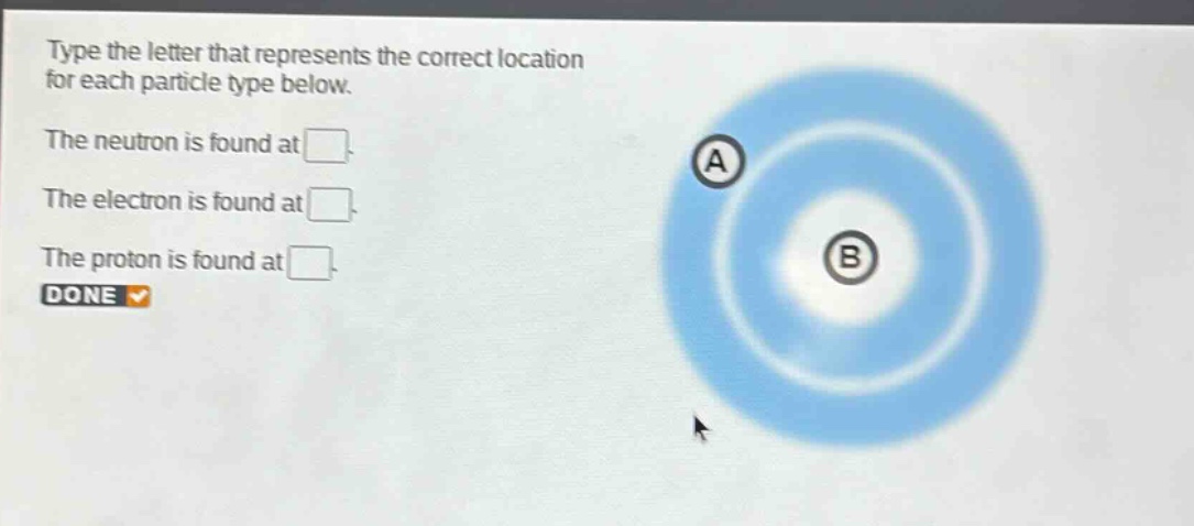 type the letter that represents the correct location for each particle type below. the neutron is found at . the electron is found at . the proton is found at . done