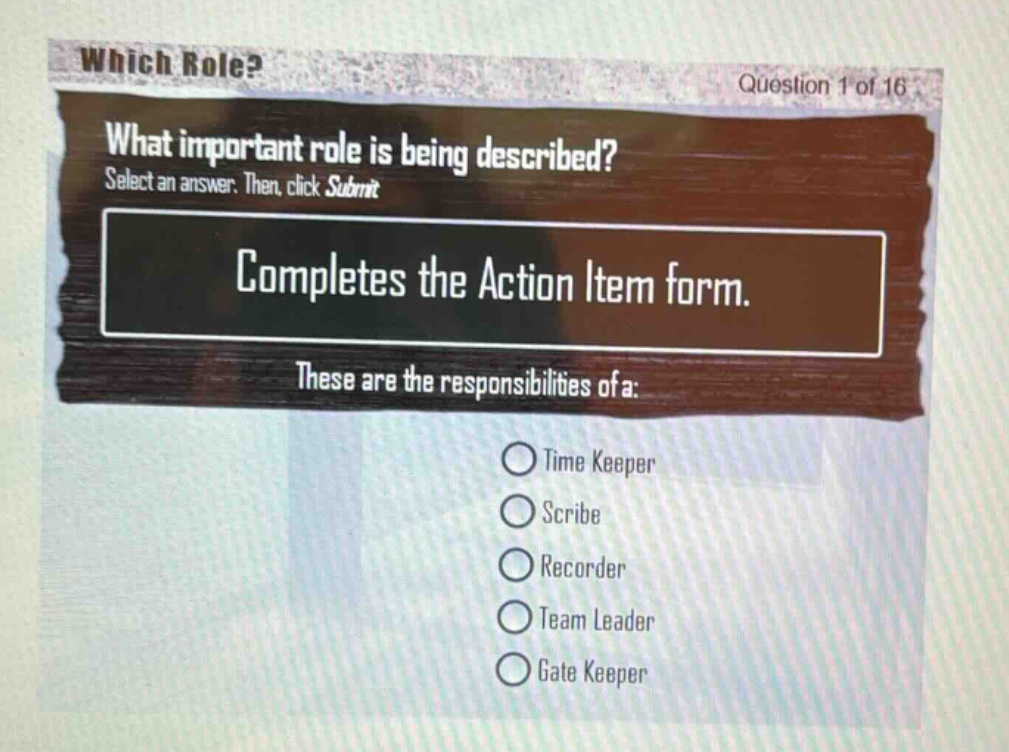 which role? question 1 of 16 what important role is being described? select an answer. then, click submit completes the action item form. these are the responsibilities of a: time keeper scribe recorder team leader gate keeper