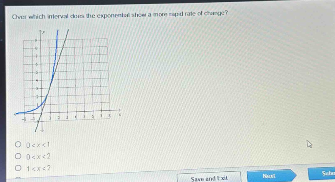 over which interval does the exponential show a more rapid rate of change?\n0 < x < 1\n0 < x < 2\n1 < x < 2