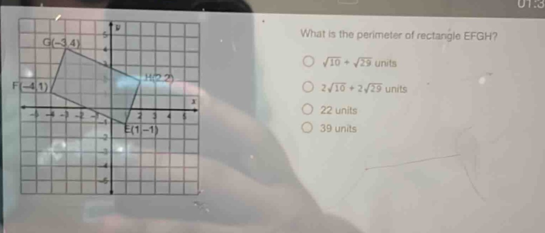 what is the perimeter of rectangle efgh?\n√10 + √29 units\n2√10 + 2√29 units\n22 units\n39 units