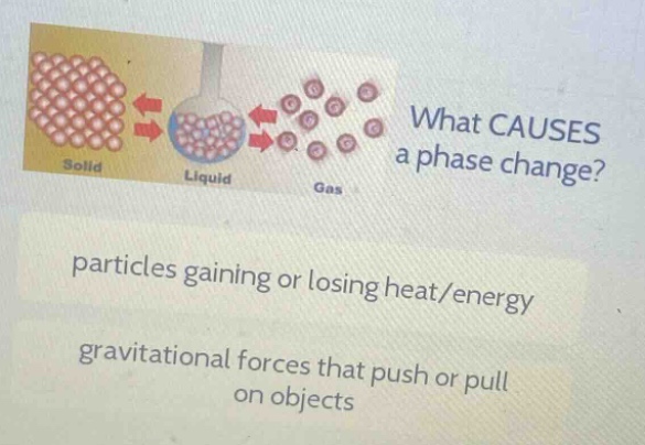 what causes a phase change?\nparticles gaining or losing heat/energy\ngravitational forces that push or pull on objects