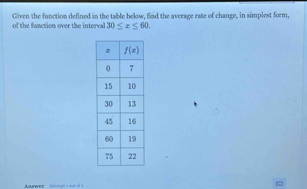 given the function defined in the table below, find the average rate of change, in simplest form, of the function over the interval 30 ≤ x ≤ 60.\n| x | f(x) |\n|----|----|\n| 0 | 7 |\n| 15 | 10 |\n| 30 | 13 |\n| 45 | 16 |\n| 60 | 19 |\n| 75 | 22 |