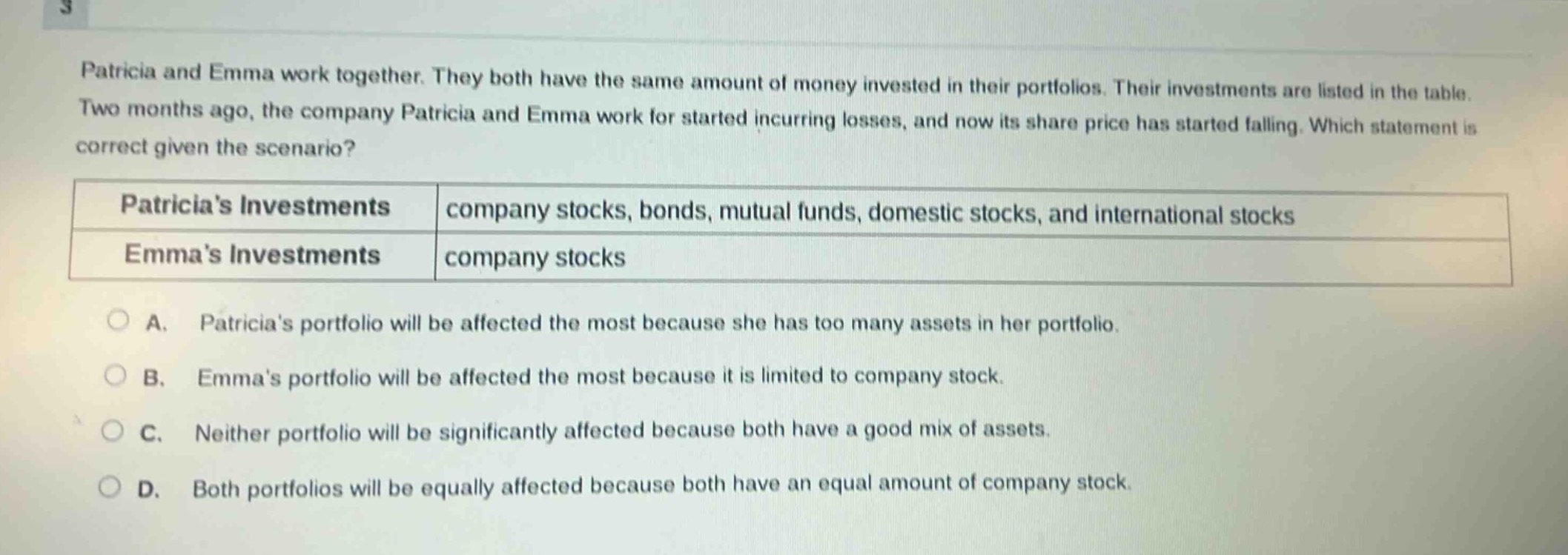 patricia and emma work together. they both have the same amount of money invested in their portfolios. their investments are listed in the table. two months ago, the company patricia and emma work for started incurring losses, and now its share price has started falling. which statement is correct given the scenario?\n| patricias investments | company stocks, bonds, mutual funds, domestic stocks, and international stocks |\n| emmas investments | company stocks |\na. patricias portfolio will be affected the most because she has too many assets in her portfolio.\nb. emmas portfolio will be affected the most because it is limited to company stock.\nc. neither portfolio will be significantly affected because both have a good mix of assets.\nd. both portfolios will be equally affected because both have an equal amount of company stock.