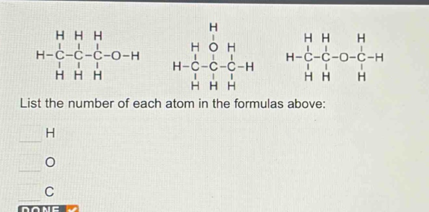 list the number of each atom in the formulas above:\nh\no\nc