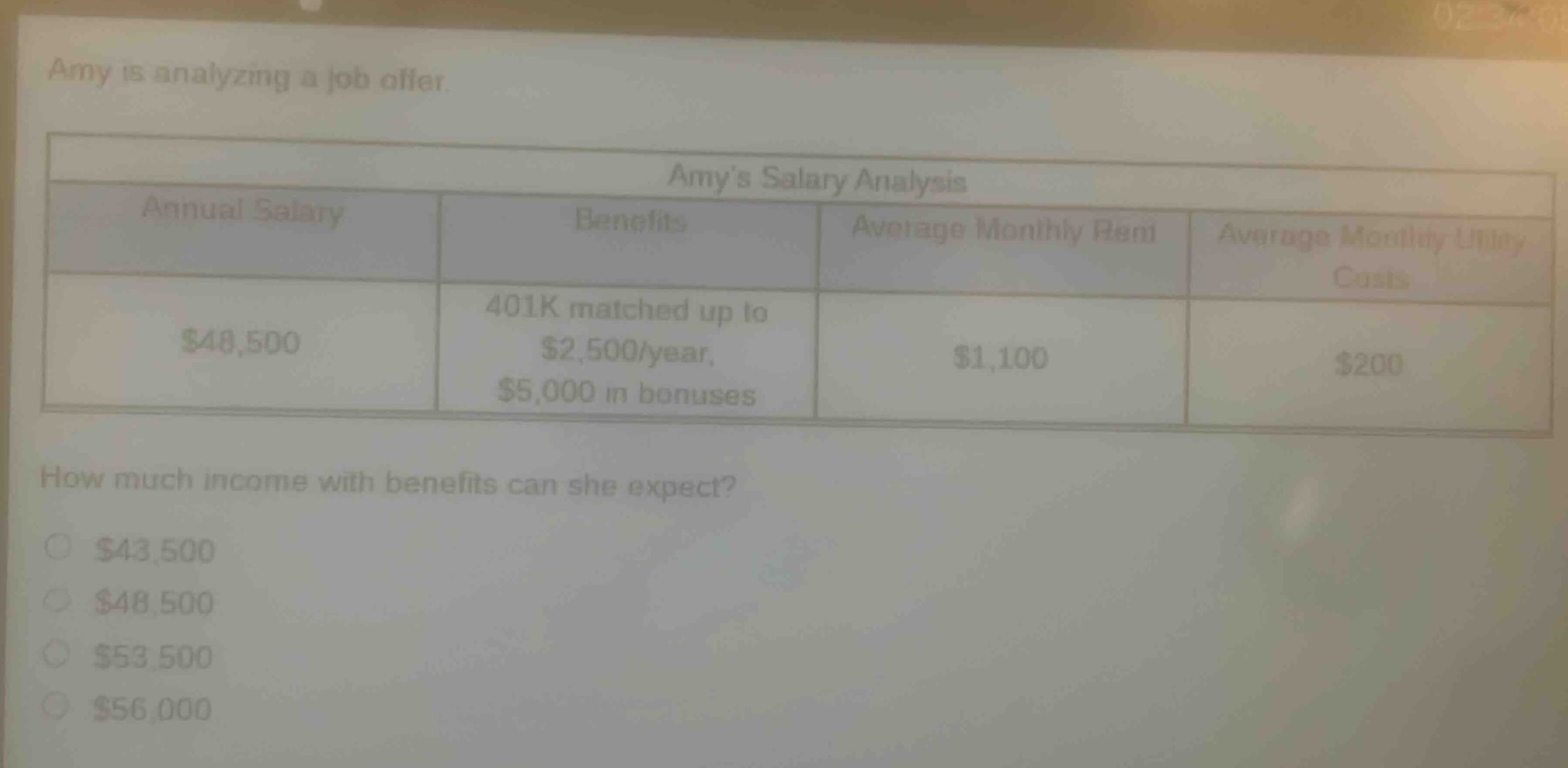 amy is analyzing a job offer.\namys salary analysis\nannual salary\tbenefits\taverage monthly rent\taverage monthly utility costs\n$48,500\t401k matched up to $2,500/year, $5,000 in bonuses\t$1,100\t$200\nhow much income with benefits can she expect?\n$43,500\n$48,500\n$53,500\n$56,000