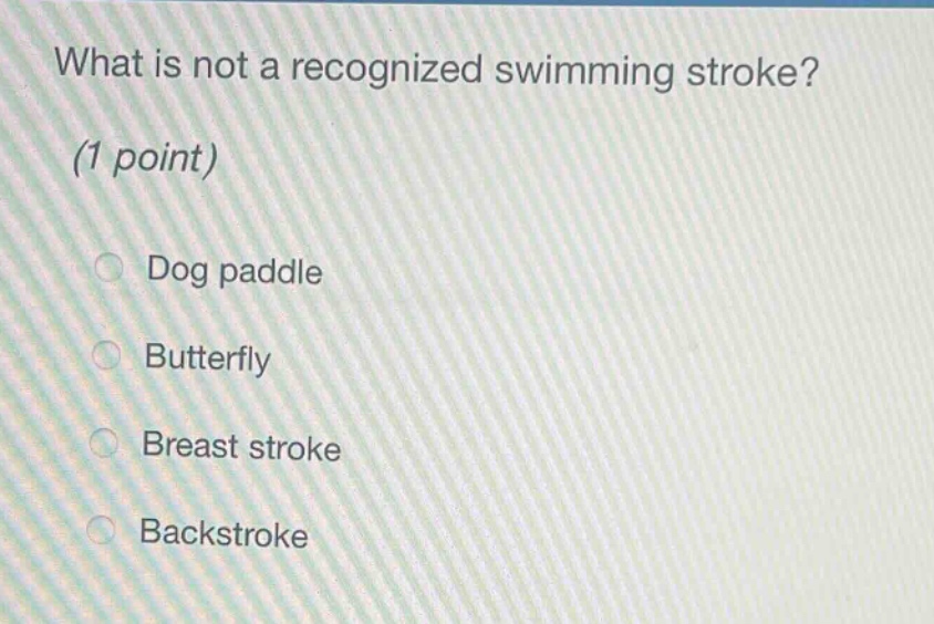 what is not a recognized swimming stroke? (1 point) dog paddle butterfly breast stroke backstroke