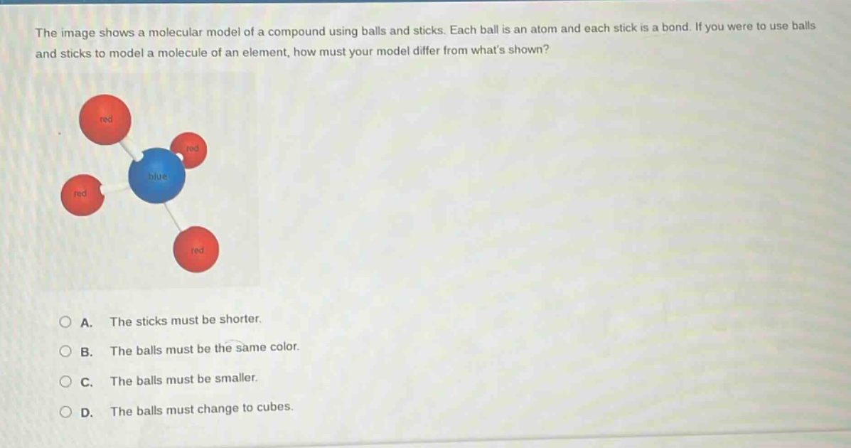 the image shows a molecular model of a compound using balls and sticks. each ball is an atom and each stick is a bond. if you were to use balls and sticks to model a molecule of an element, how must your model differ from whats shown?\n\na. the sticks must be shorter.\nb. the balls must be the same color.\nc. the balls must be smaller.\nd. the balls must change to cubes.