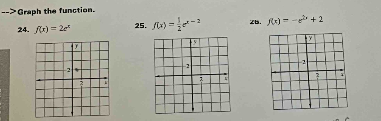 -->graph the function.\n24. $f(x)=2e^{x}$\n25. $f(x)=\frac{1}{2}e^{x - 2}$\n26. $f(x)=-e^{2x}+2$
